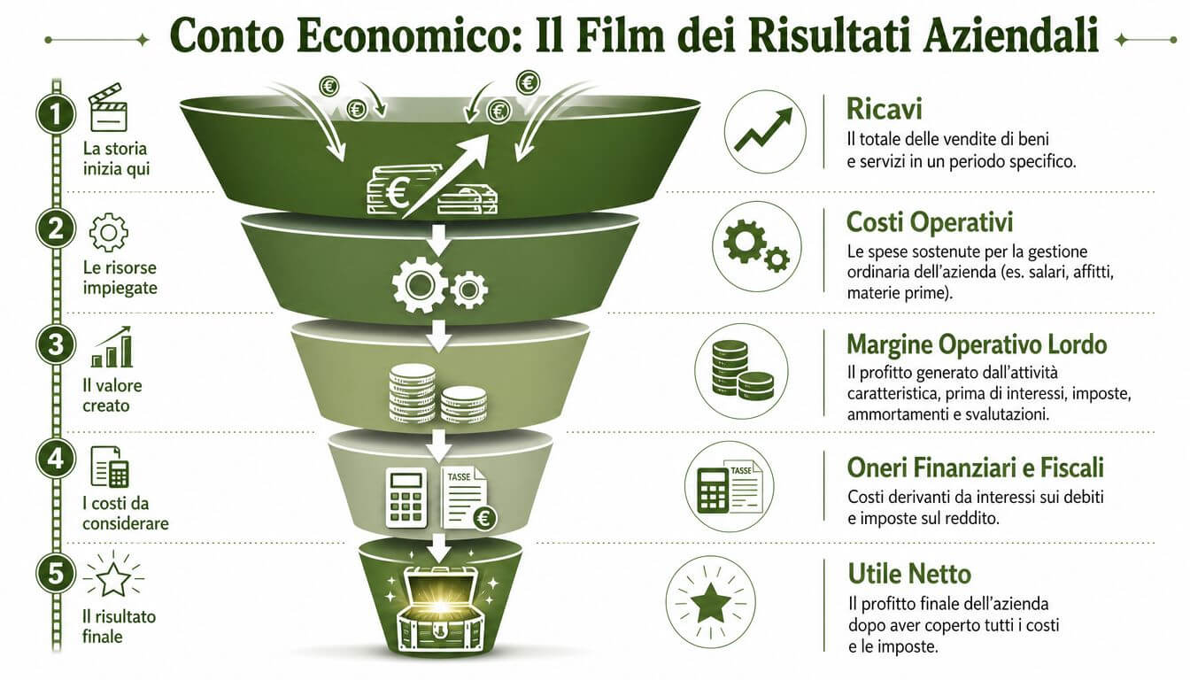 Un infografica a imbuto che illustra il processo del conto economico aziendale, dai ricavi all'utile netto finale.