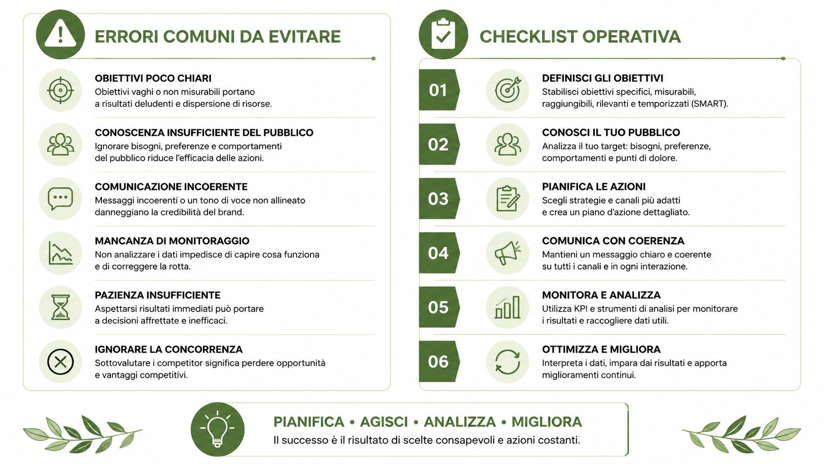 Infografica che elenca errori comuni da evitare e una checklist operativa per una strategia di marketing efficace.