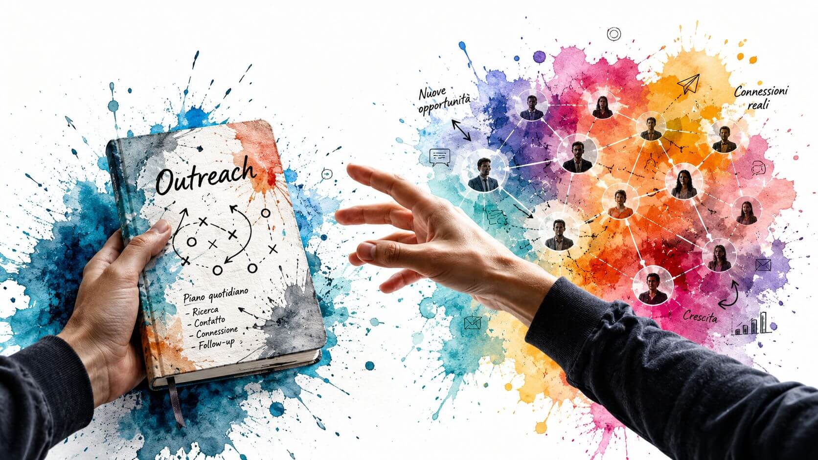 Una mano tiene un libro intitolato Outreach, mentre l'altra mano si estende verso una rete di contatti colorata.
