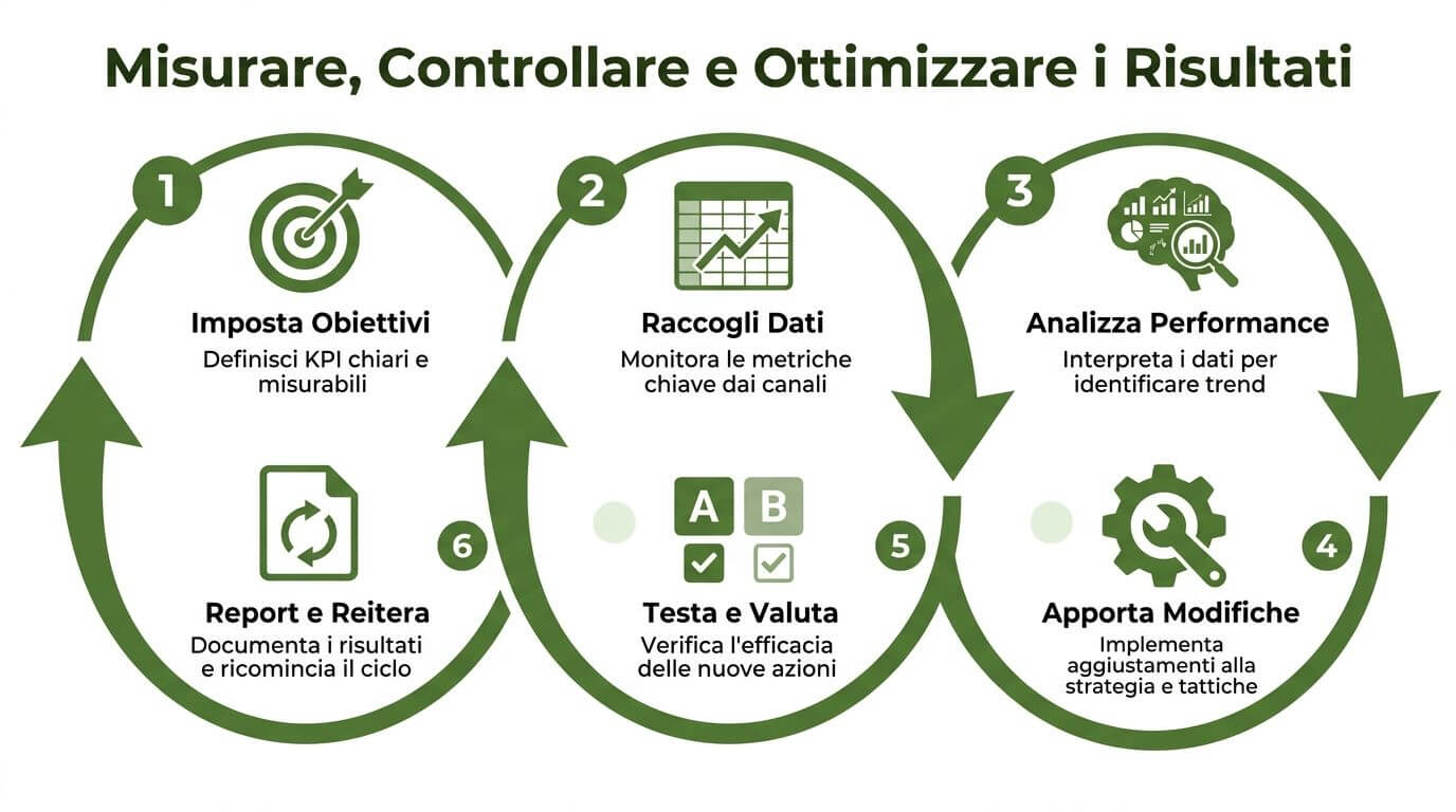 Diagramma circolare in sei passaggi che illustra il processo per misurare, controllare e ottimizzare i risultati di business.