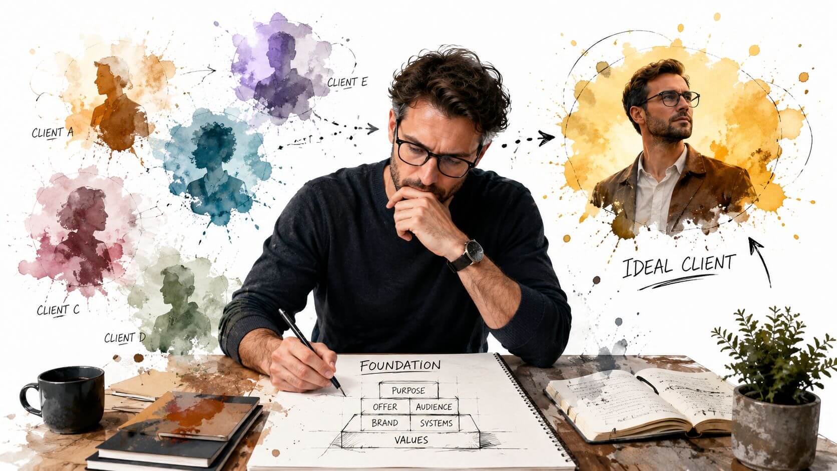Un professionista che pianifica strategicamente il suo lavoro definendo il suo cliente ideale tramite schemi e appunti.