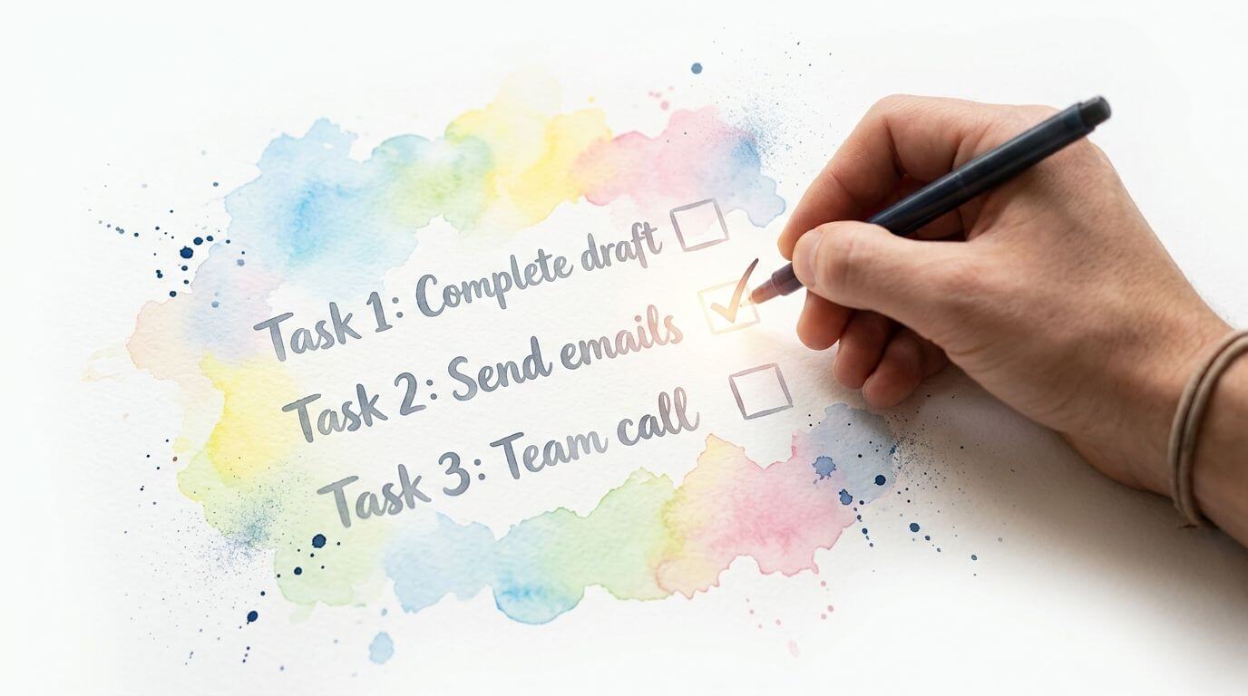 Una mano che scrive su una lista di controllo con tre compiti su sfondo colorato acquerello.