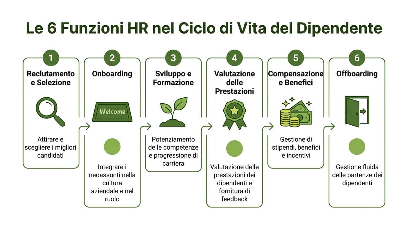 Diagramma infografico che illustra le sei fasi principali del ciclo di vita del dipendente nelle risorse umane.