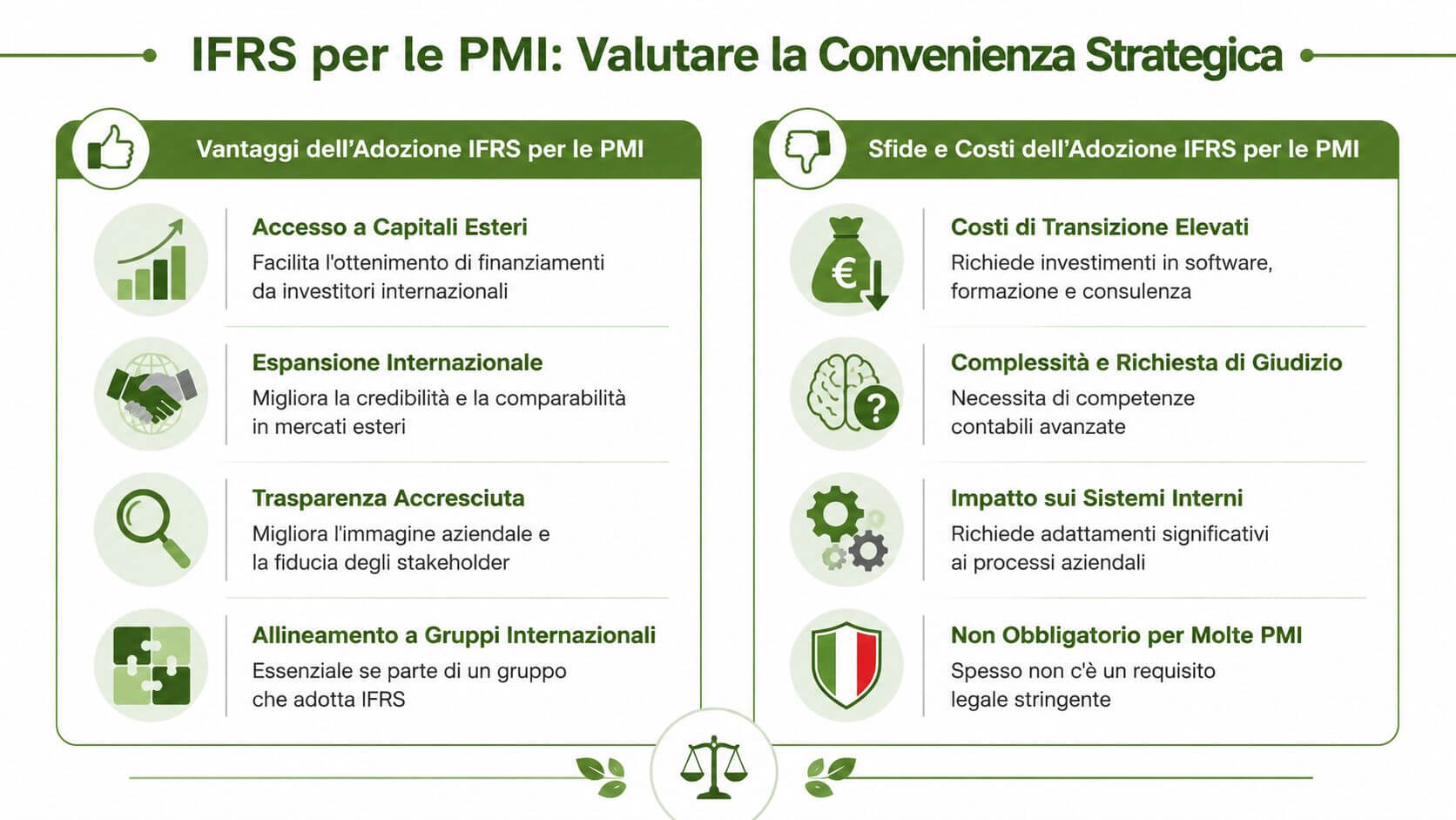 Infografica che illustra i vantaggi e le sfide strategiche dell'adozione dei principi contabili internazionali IFRS per le PMI.