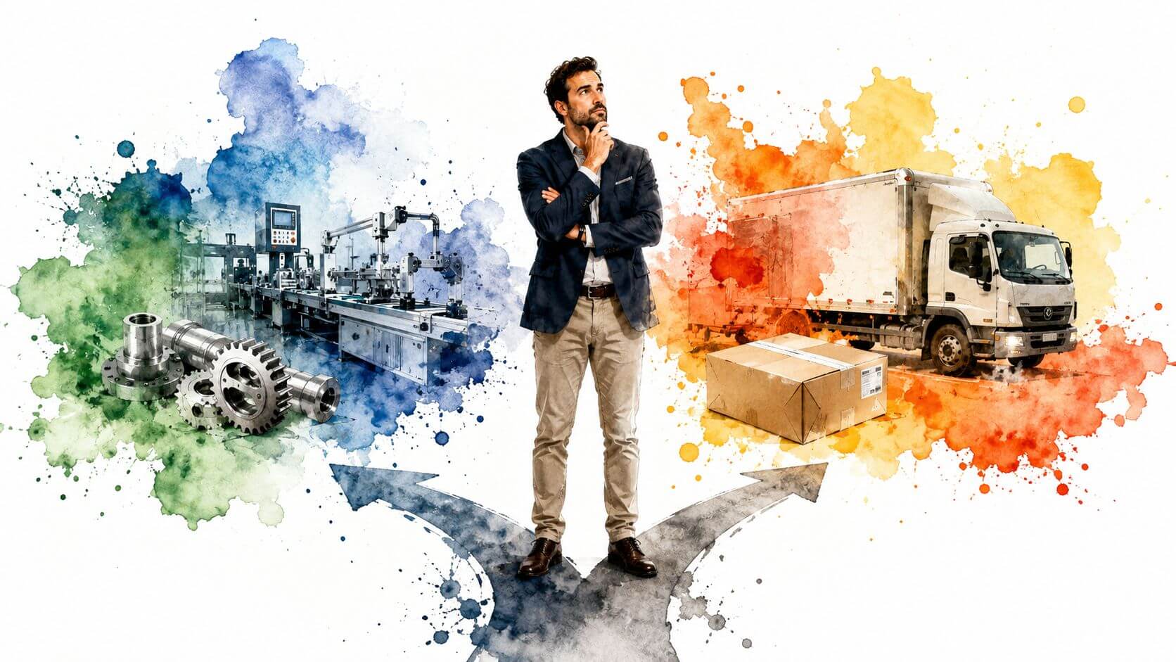 Un uomo d'affari pensieroso di fronte a una scelta tra produzione industriale e logistica dei trasporti.