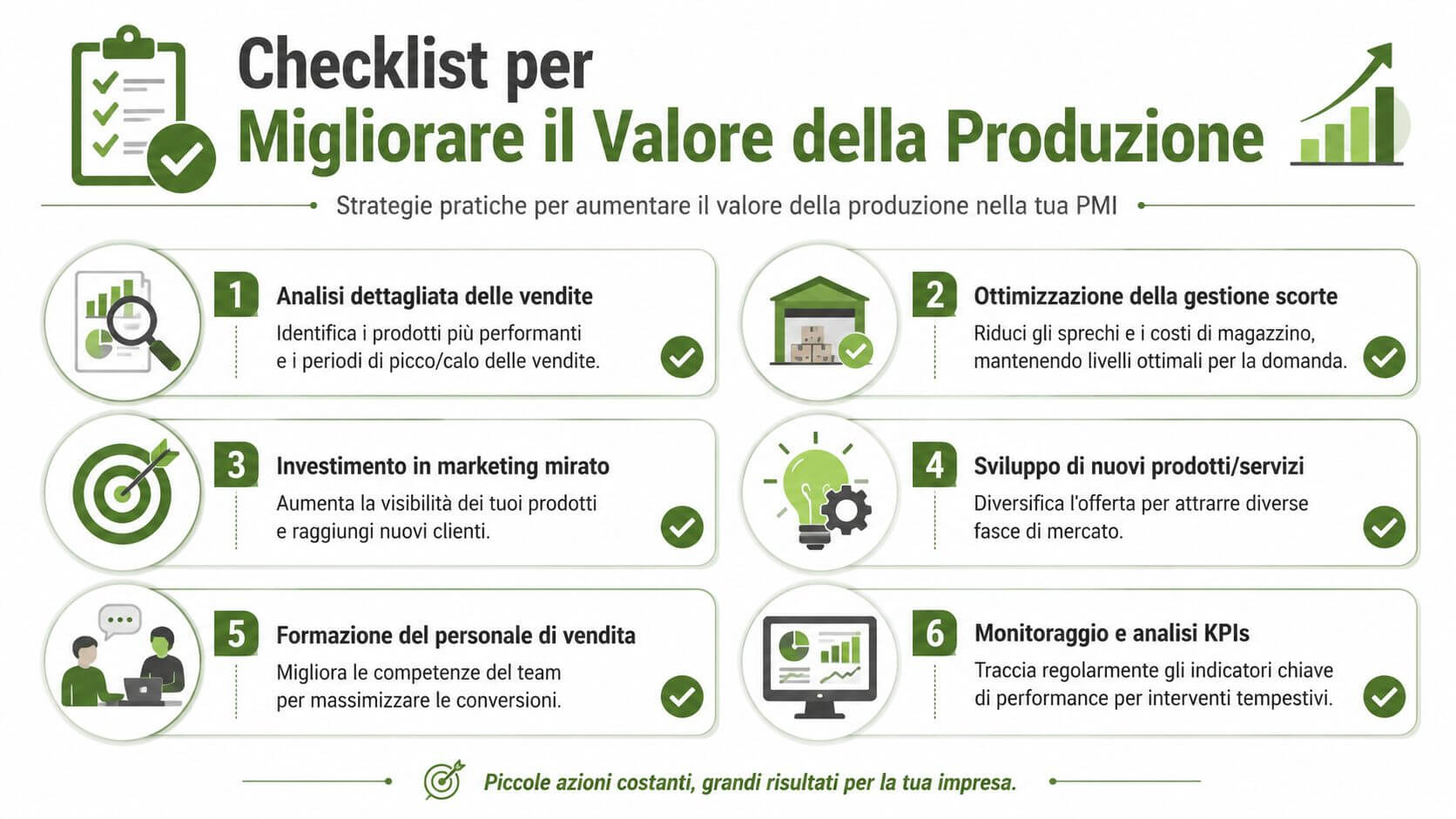 Una lista di controllo con sei strategie pratiche per migliorare il valore della produzione nelle piccole medie imprese.