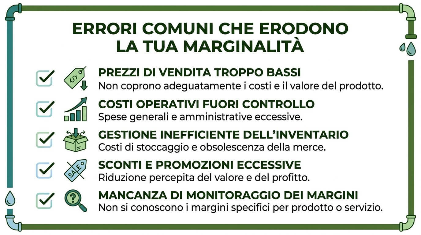 Un infografica che elenca cinque errori comuni che riducono il margine di profitto di un'azienda.