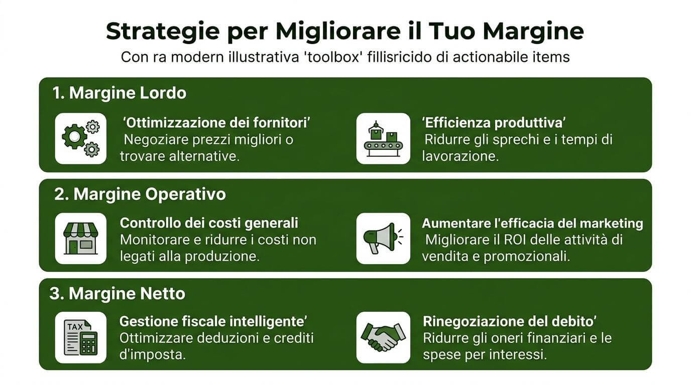 Un infografica mostra tre strategie chiave per migliorare il margine di profitto lordo, operativo e netto aziendale.
