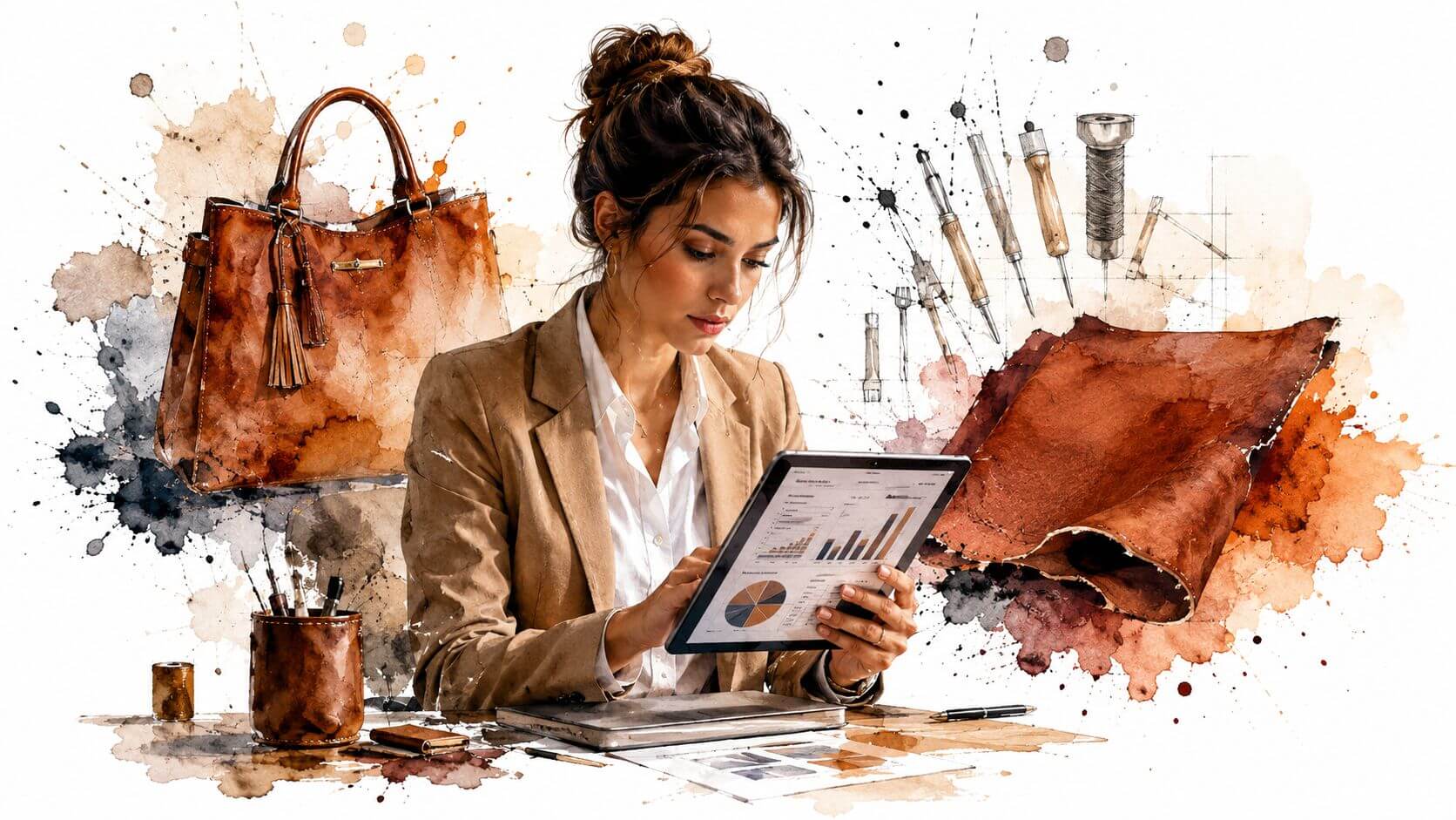 Una stilista di pelletteria analizza grafici di business sul tablet accanto a una borsa di cuoio artigianale.