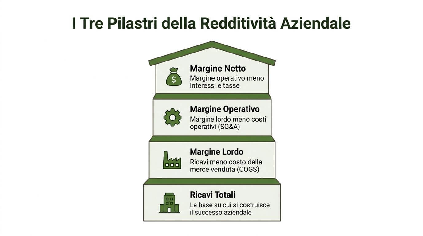 Un grafico a piramide illustra i tre pilastri della redditività aziendale partendo dai ricavi totali.