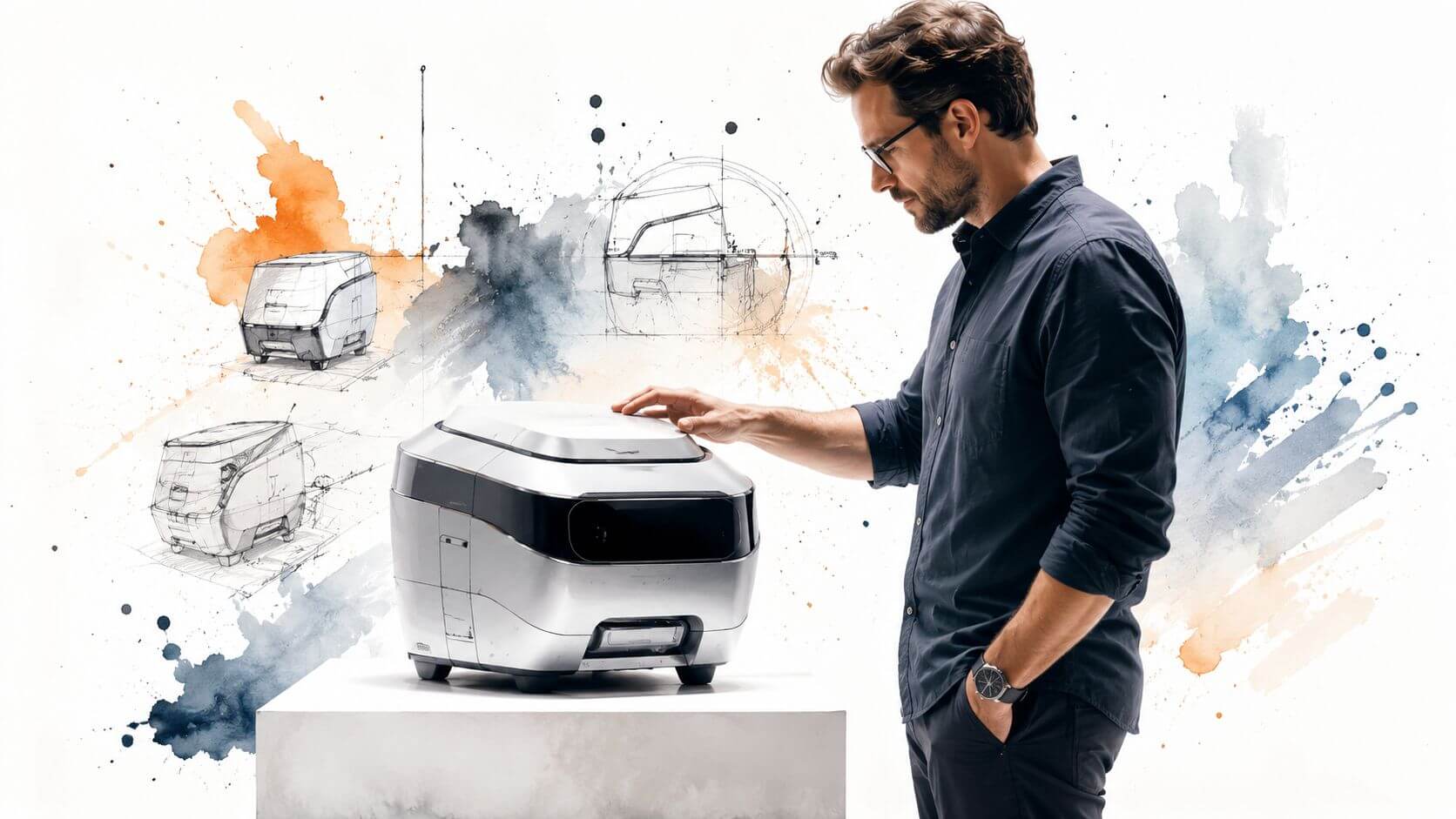 Un designer professionista analizza un prototipo di elettrodomestico moderno su un piedistallo, circondato da bozzetti tecnici.