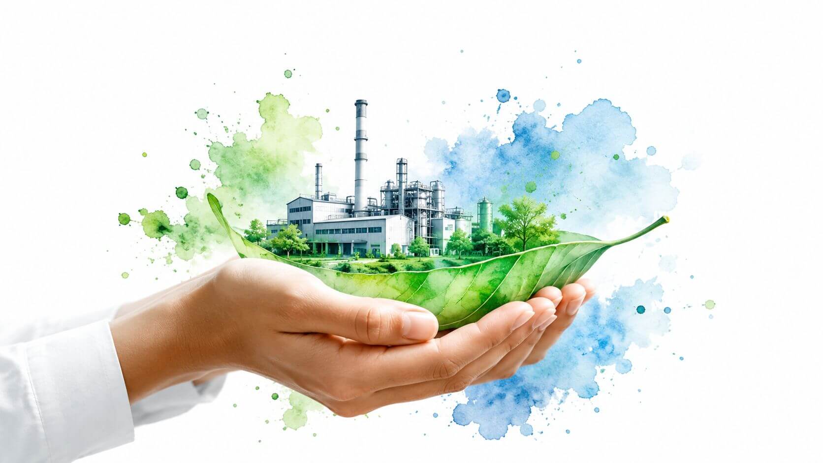Mani che tengono una grande foglia verde con un impianto industriale sostenibile integrato sopra di essa.