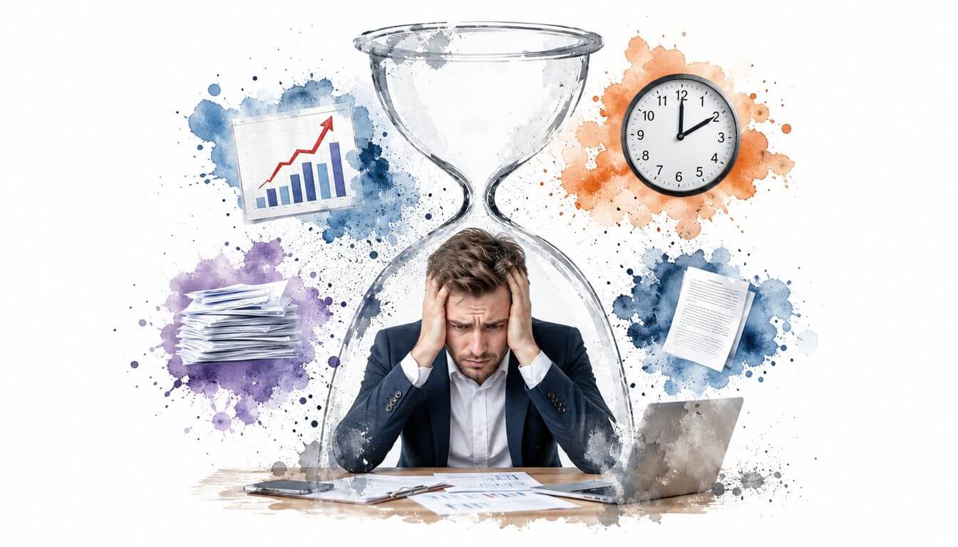 Un manager stressato seduto alla scrivania circondato da scadenze, documenti e grafici lavorativi, intrappolato in una clessidra.