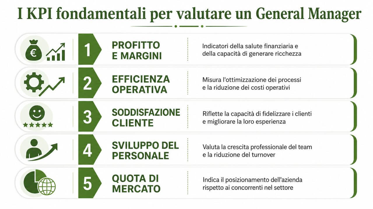 Infografica che elenca i cinque principali indicatori di performance per valutare un general manager di un'azienda.