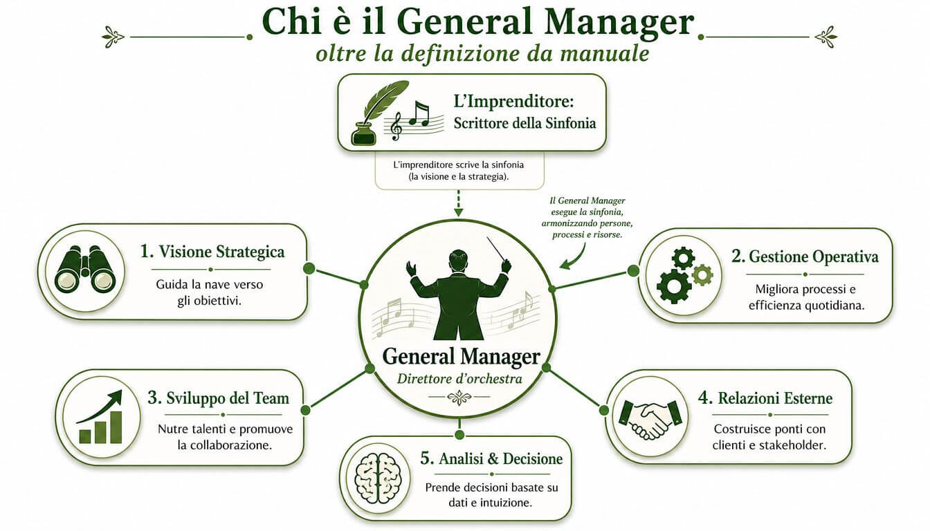 Un infografica che spiega il ruolo del General Manager come un direttore d'orchestra che armonizza processi e persone.
