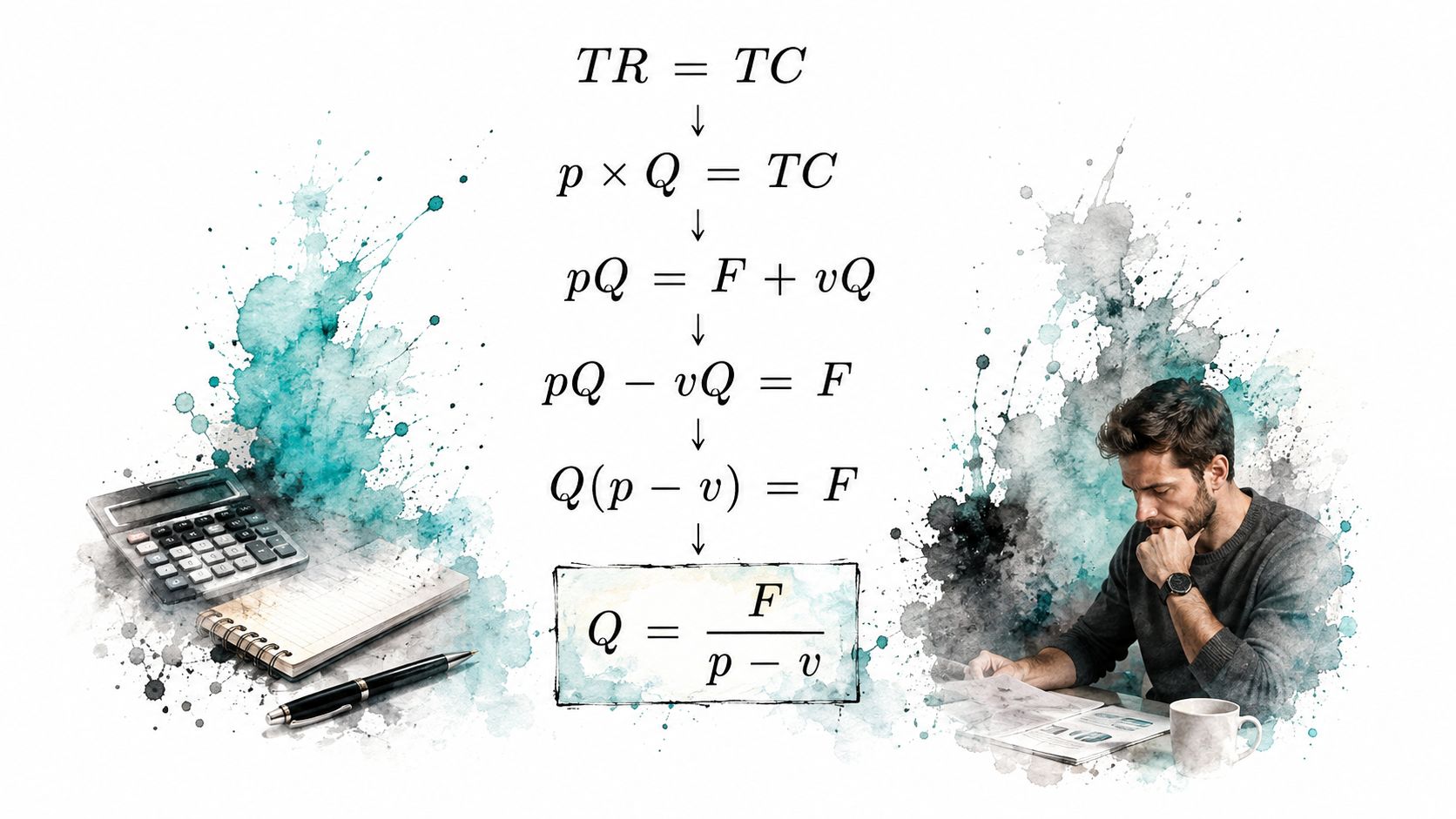 Illustrazione che mostra la derivazione matematica della formula del punto di pareggio in un contesto aziendale.