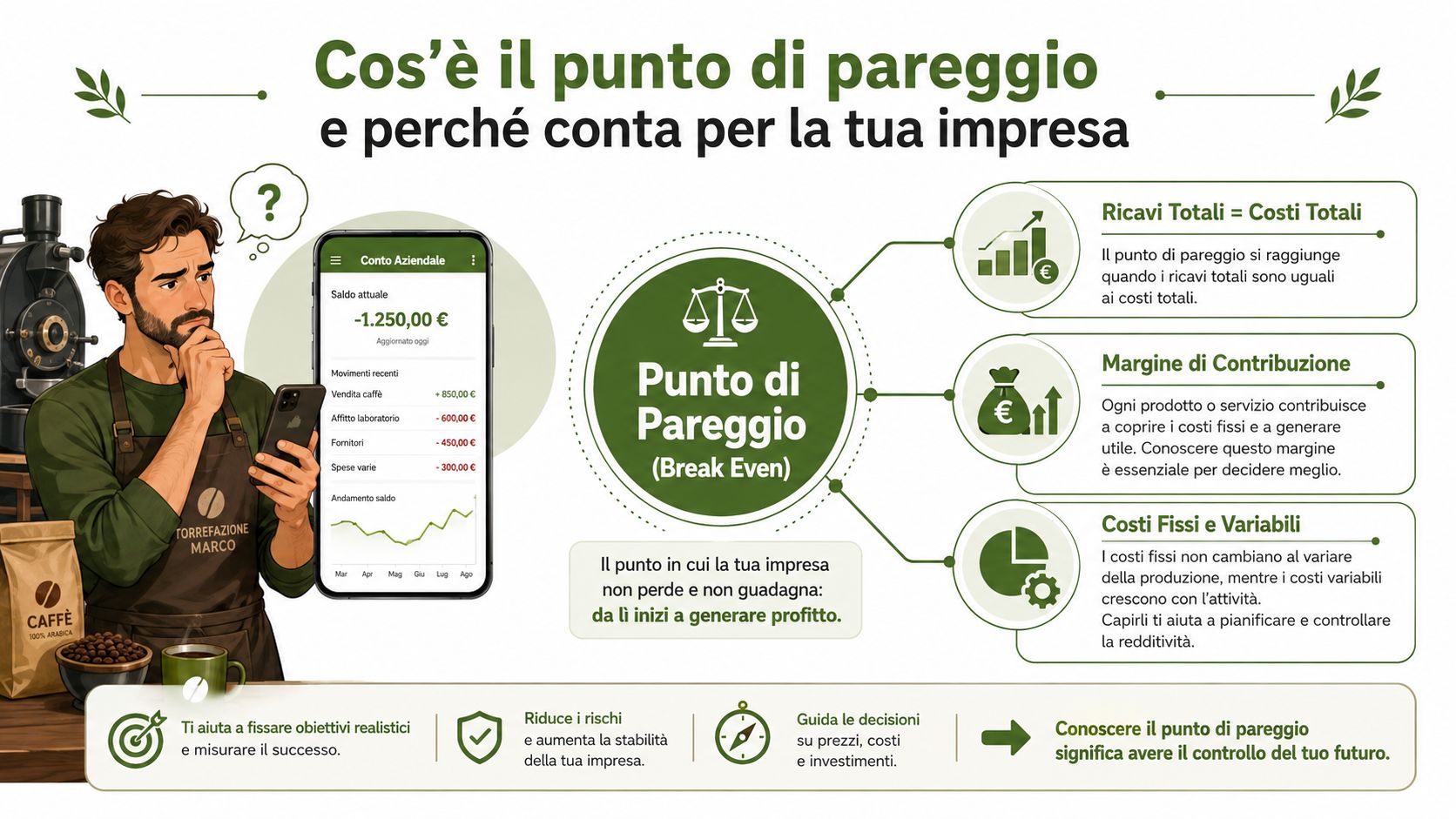 Infografica che spiega cos'è il punto di pareggio per un'azienda, includendo definizioni, costi fissi e variabili.