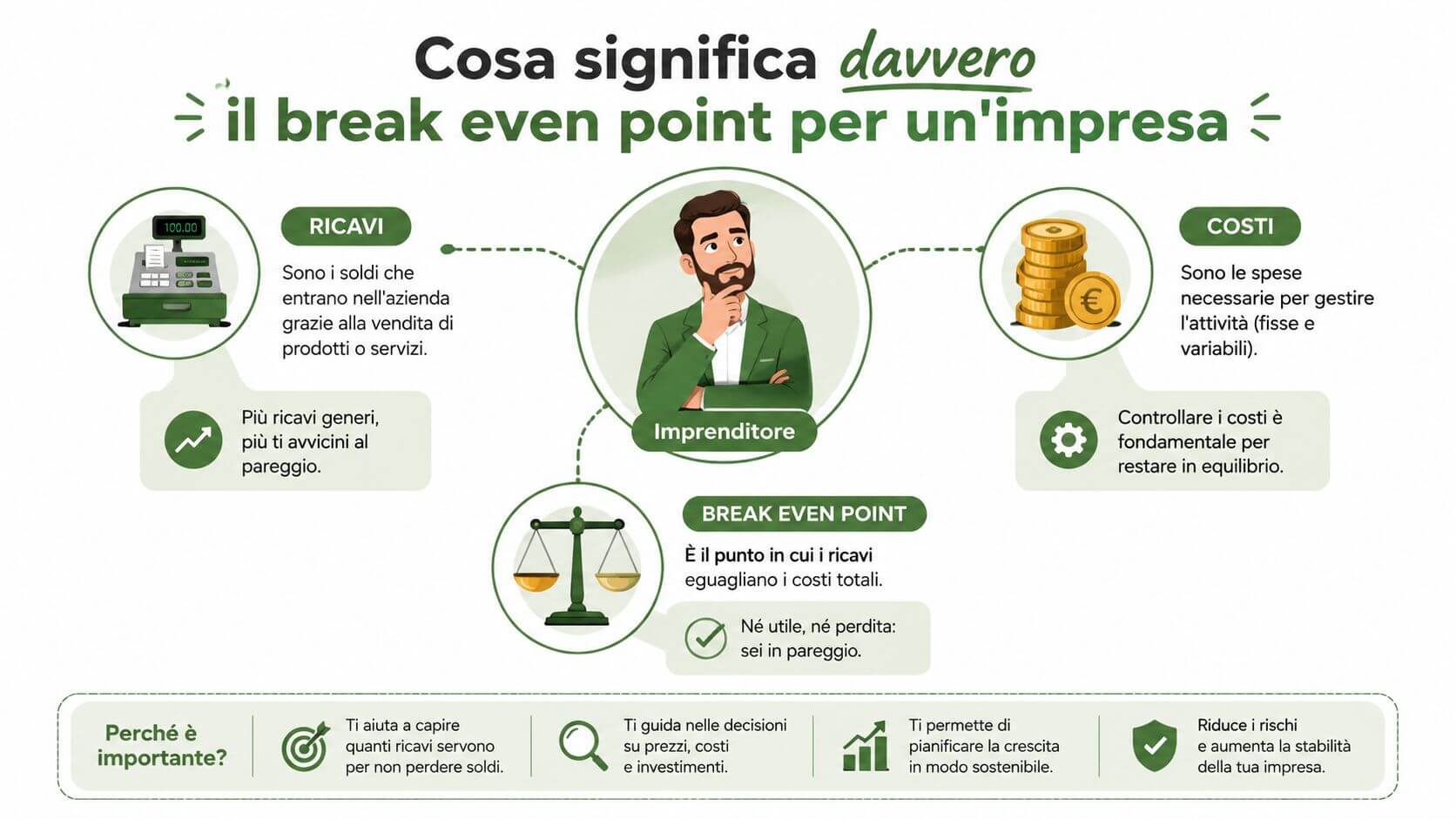 Infografica che spiega in modo semplice il concetto di break even point per le aziende italiane.