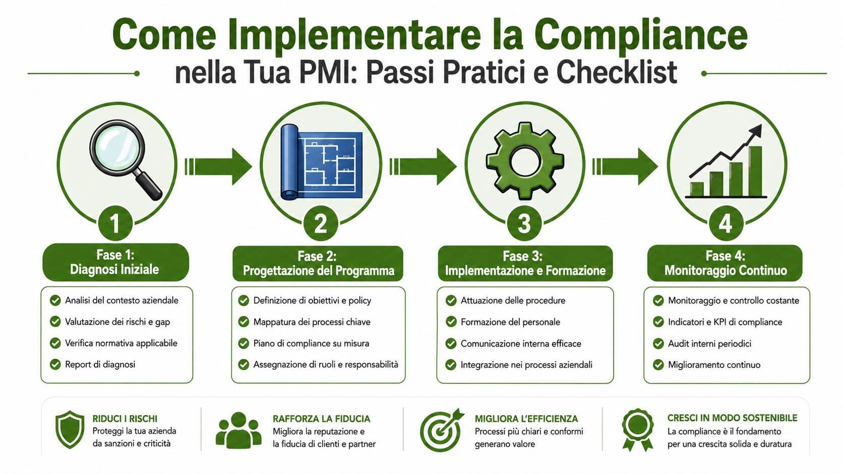 Infografica che illustra in quattro fasi il processo di implementazione della compliance aziendale per le piccole imprese.