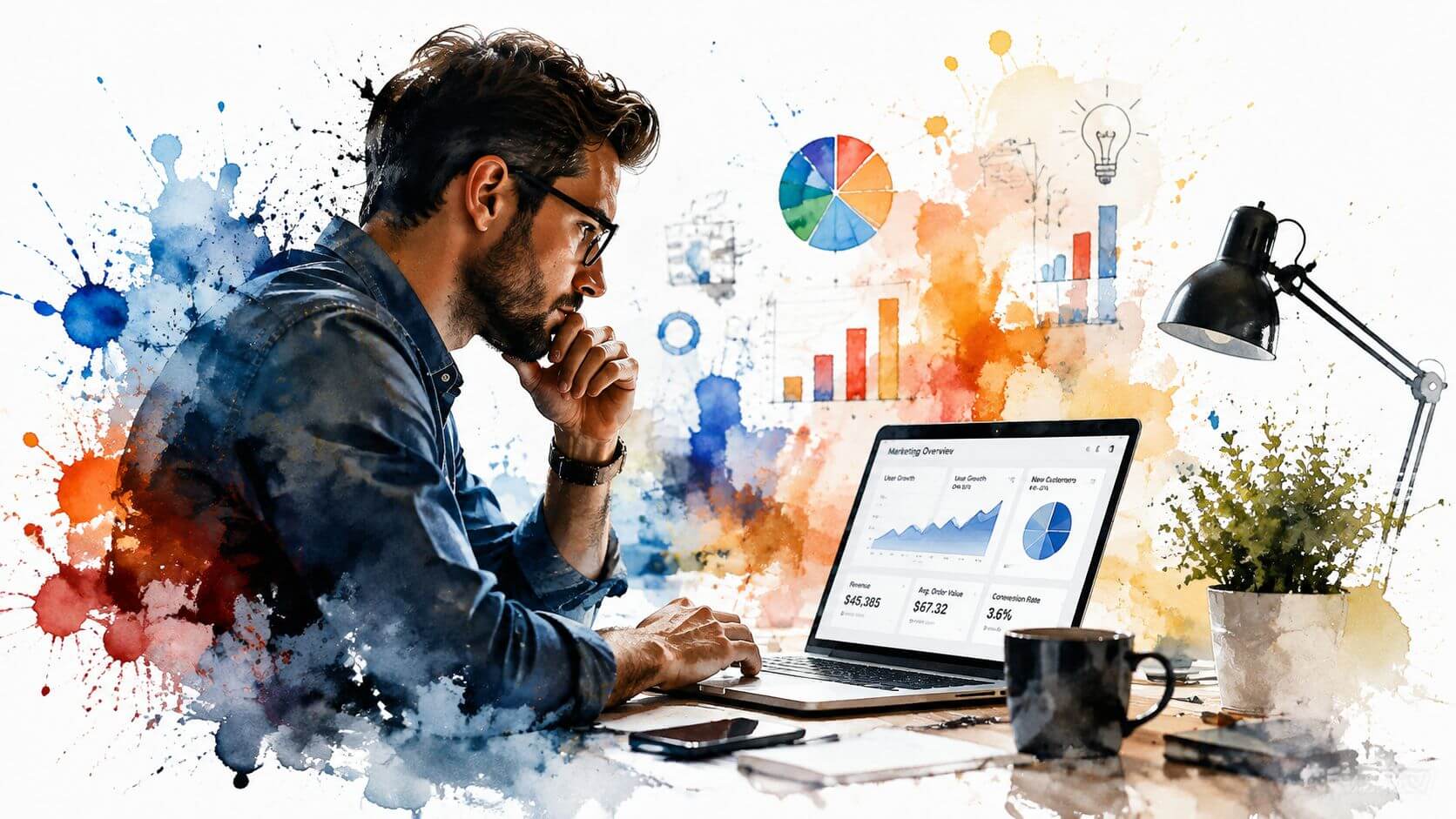 Un professionista concentrato analizza dati di marketing e statistiche di crescita su un computer portatile in ufficio.