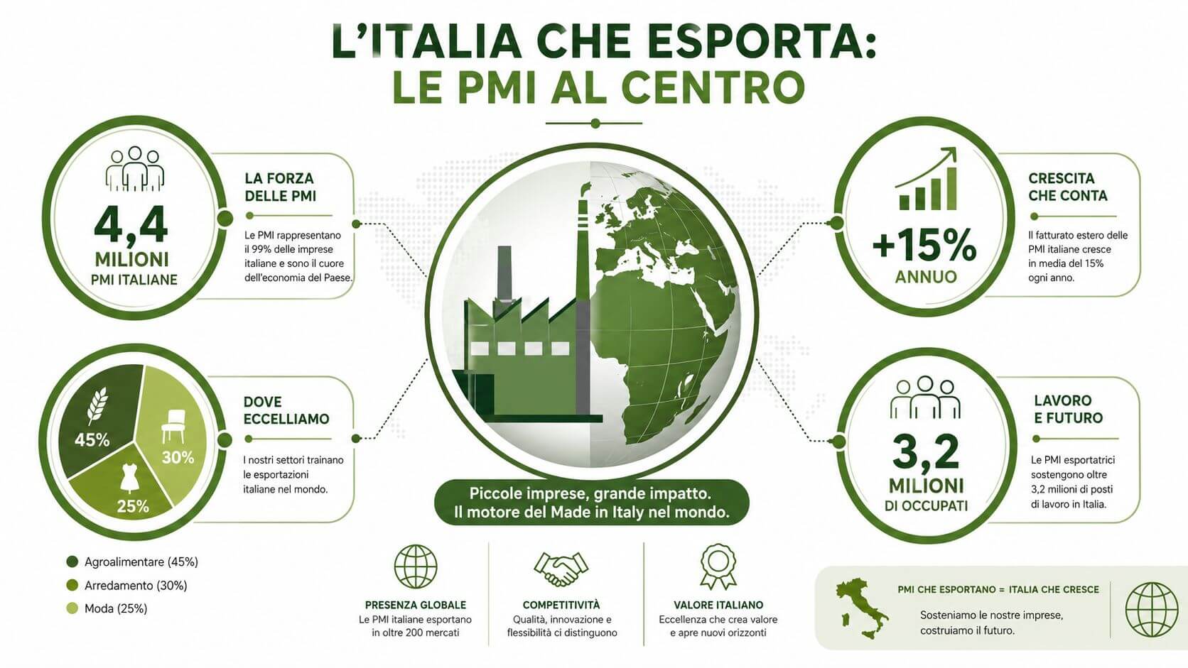Infografica sull'importanza delle piccole e medie imprese italiane nel processo di internazionalizzazione ed export globale.
