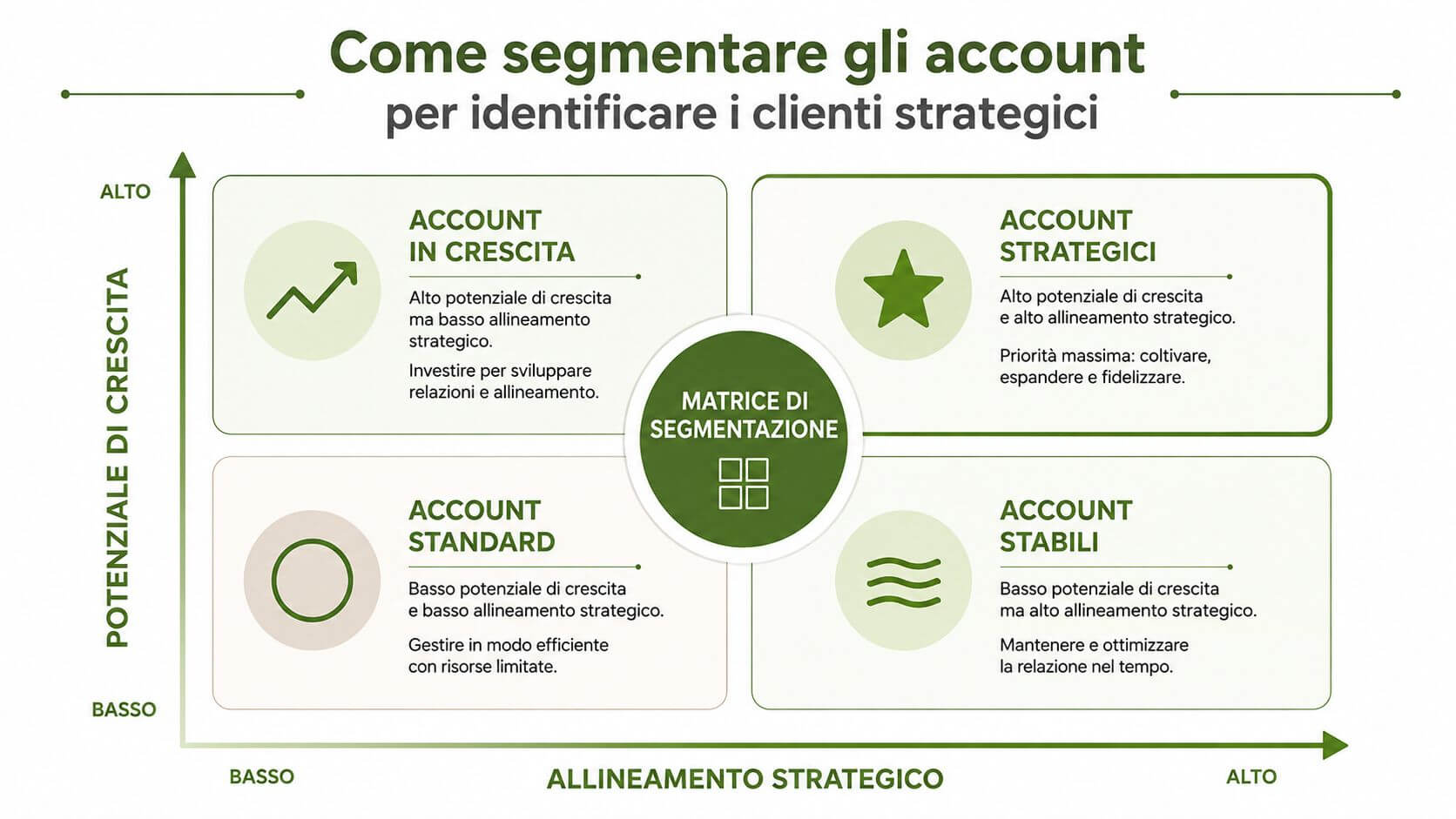 Matrice di segmentazione degli account per identificare i clienti strategici basata su potenziale di crescita e allineamento.