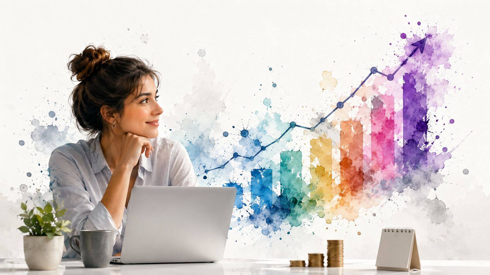 Una giovane donna lavora al computer accanto a un grafico colorato ad acquerello che mostra una crescita economica.