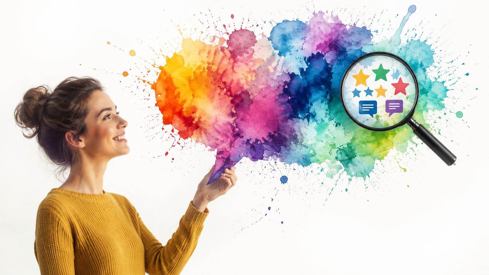 Una donna sorridente tiene una nuvoletta di fumo colorata con icone di stelle e commenti vista tramite lente.