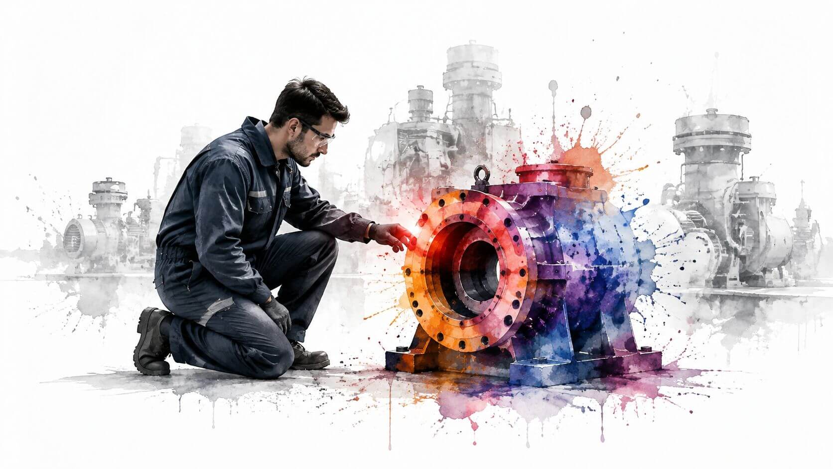 Un tecnico specializzato ispeziona con cura un componente industriale colorato in un ambiente di fabbrica moderna.