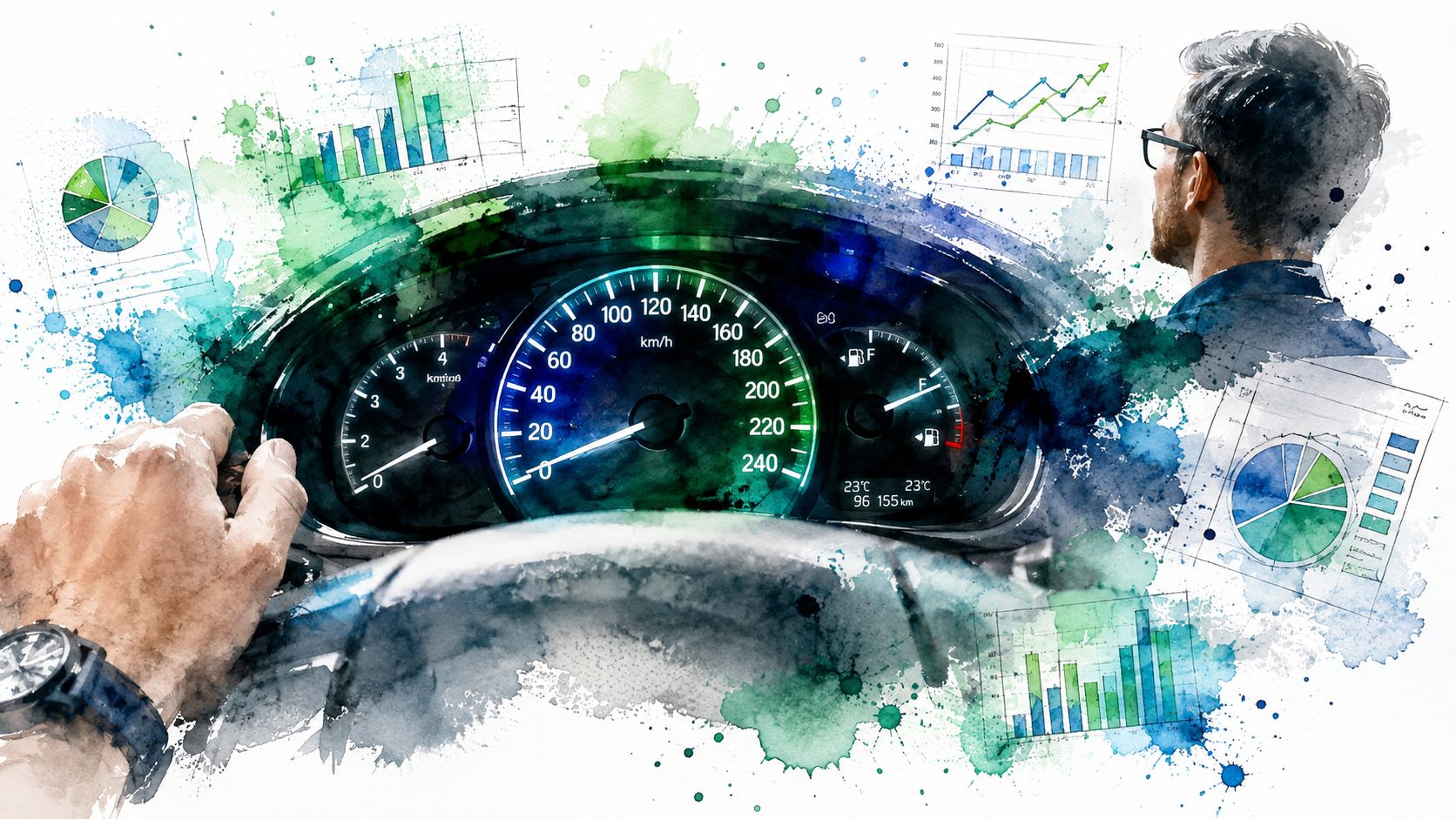 Una rappresentazione artistica di un guidatore con cruscotto auto e grafici di analisi dati aziendali sovrapposti.
