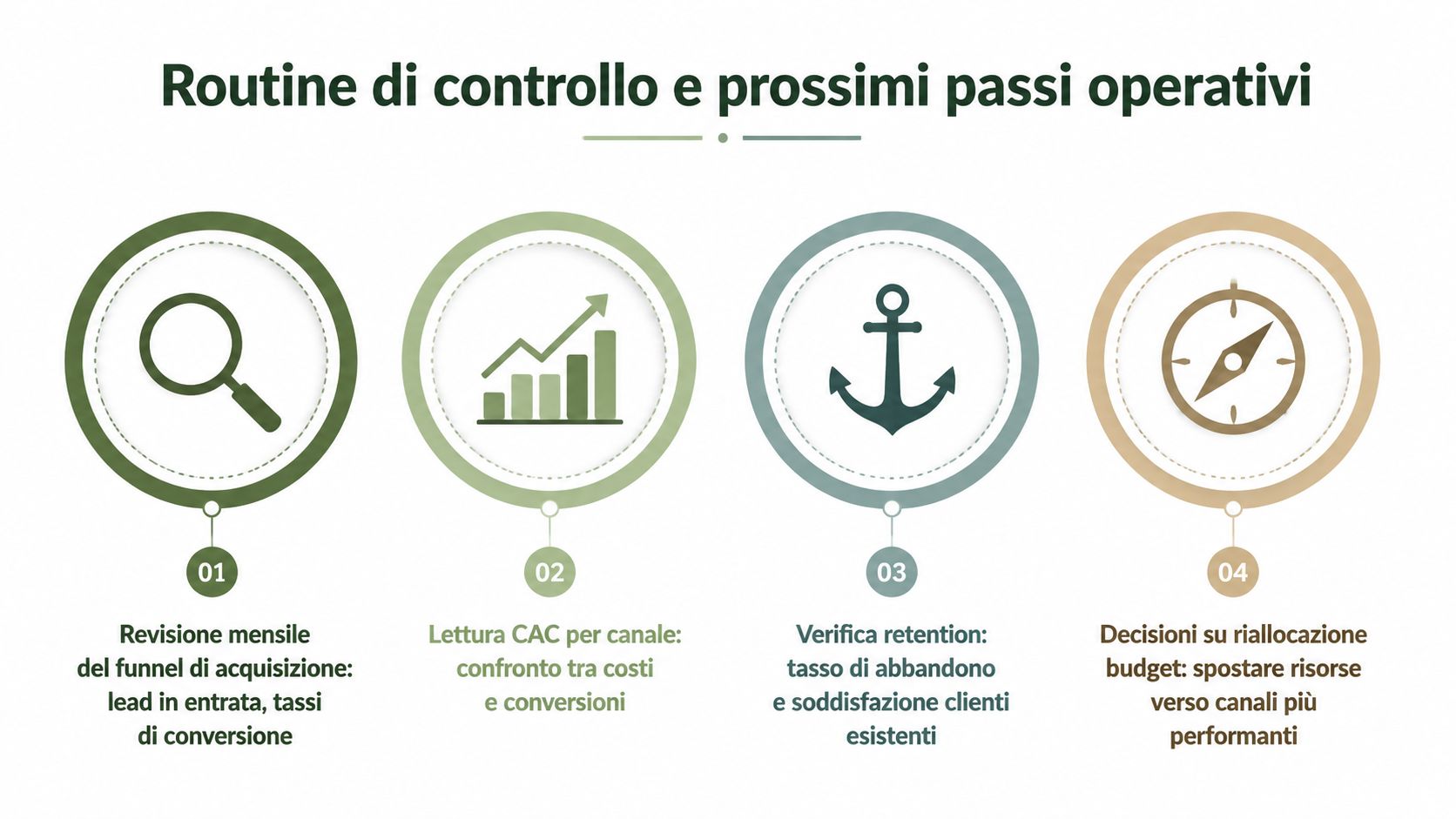 Diagramma infografico che illustra quattro passaggi operativi per il monitoraggio e l'ottimizzazione dell'acquisizione di nuovi clienti aziendali.