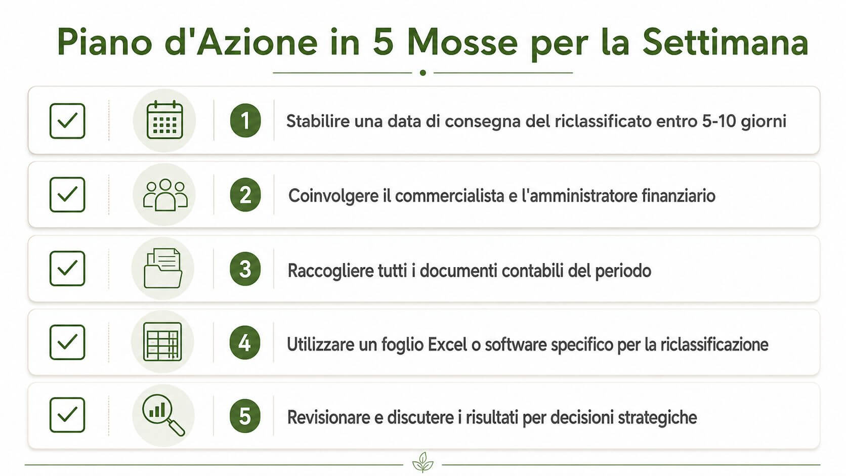 Piano d'azione in cinque passi per la corretta riclassificazione del bilancio aziendale in una settimana lavorativa.