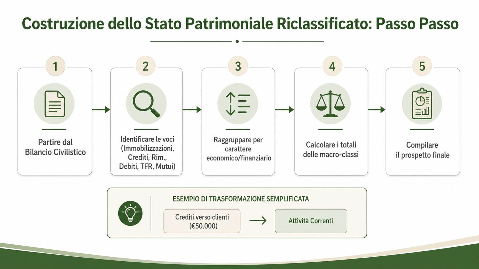 Infografica illustrante i cinque passaggi per la costruzione di uno Stato Patrimoniale riclassificato in modo semplificato.