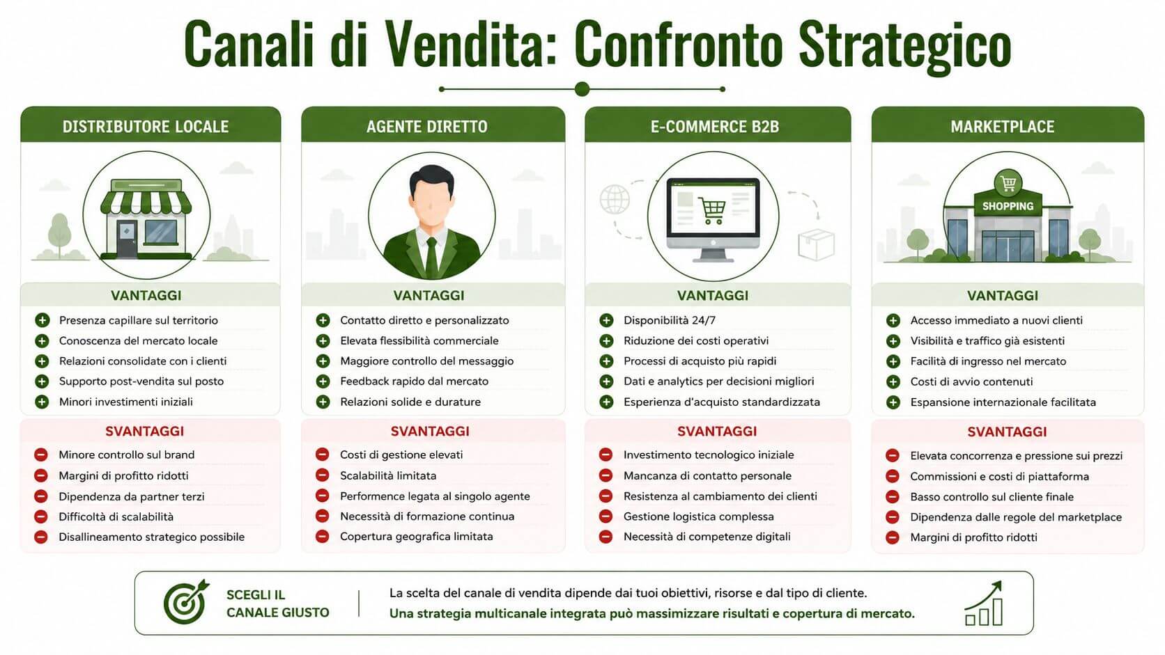 Confronto strategico tra diversi canali di vendita per aziende: distributore, agente, e-commerce B2B e marketplace.