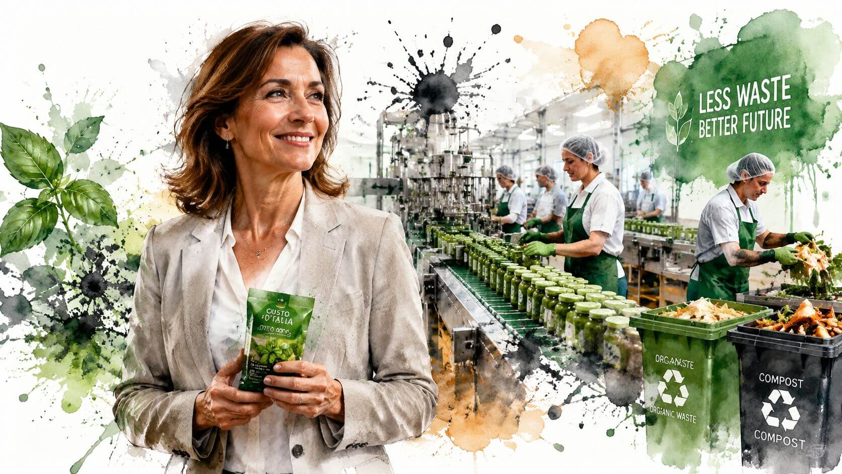 Una donna sorridente tiene una confezione di prodotto alimentare vicino a una linea di produzione sostenibile e compostaggio.