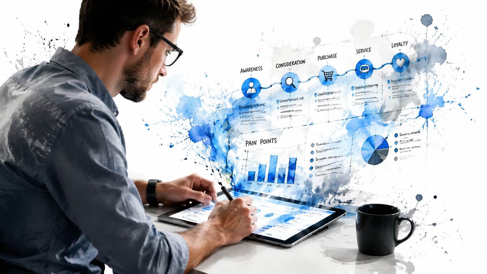 Un professionista analizza una proposta di valore rappresentata da grafici e diagrammi su un tablet digitale.