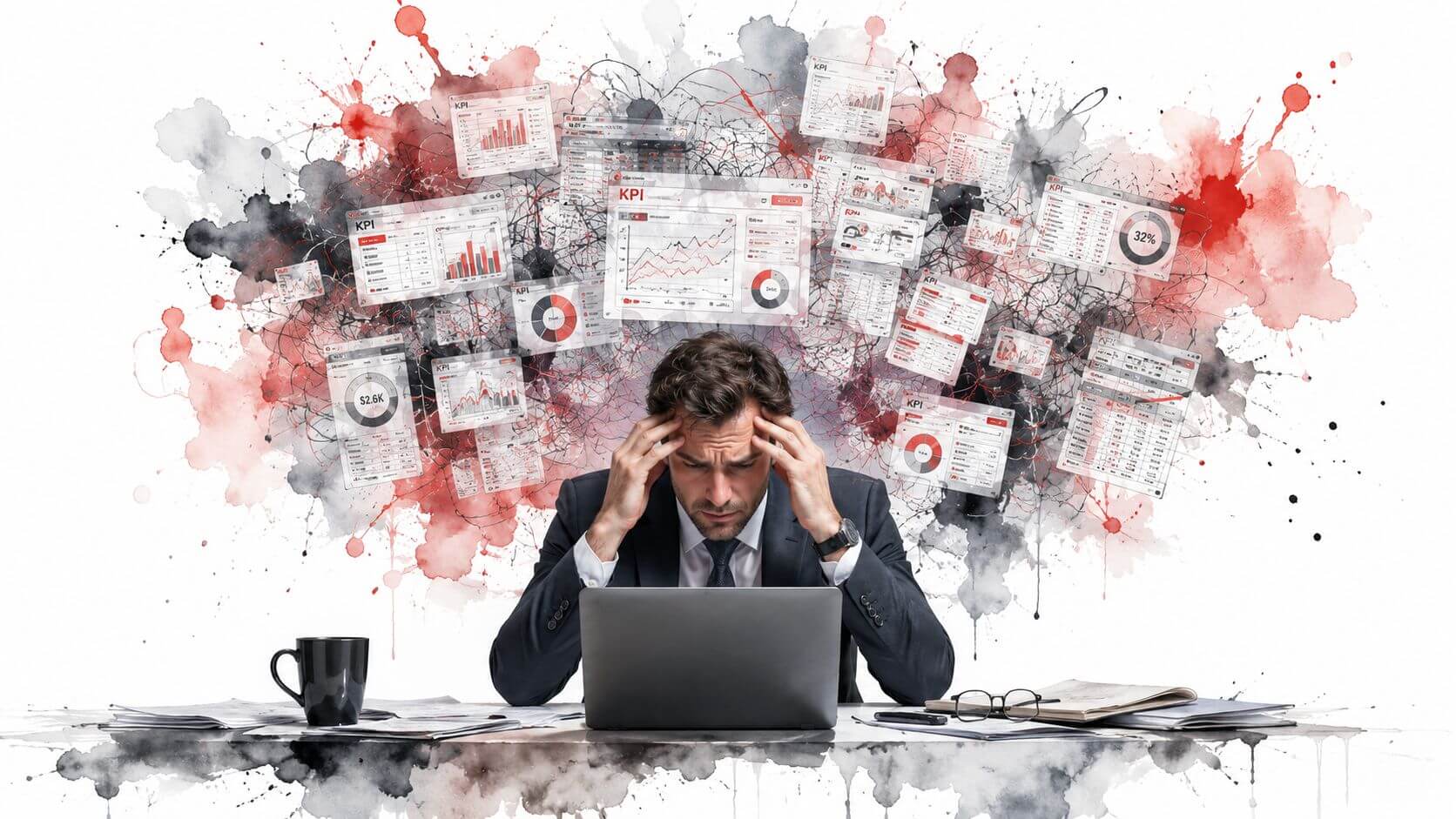 Un uomo d'affari stressato lavora al computer circondato da grafici complessi e dati aziendali caotici.