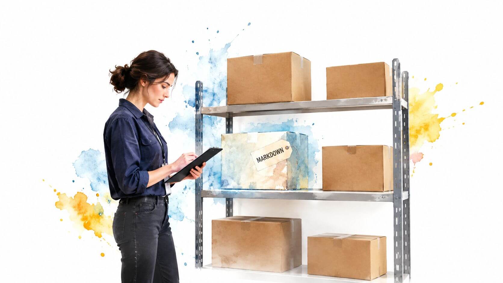 Una donna che controlla l'inventario in magazzino con scatole di cartone su scaffali metallici, stile artistico.