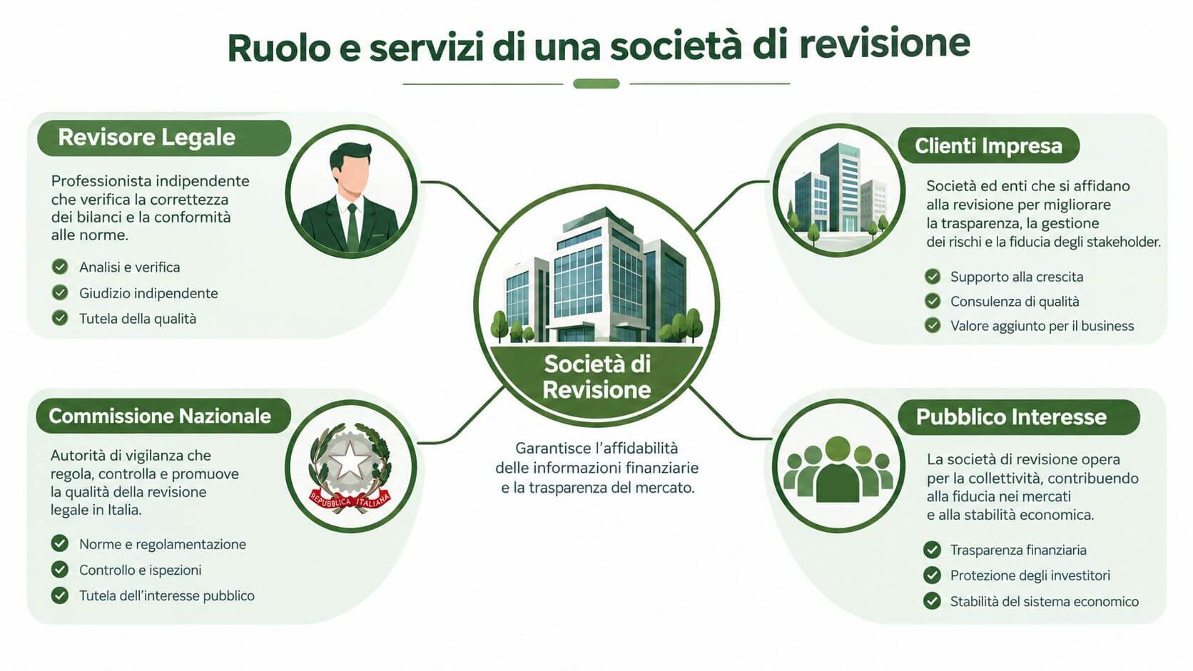 Un diagramma che illustra il ruolo e i servizi principali di una società di revisione in Italia.