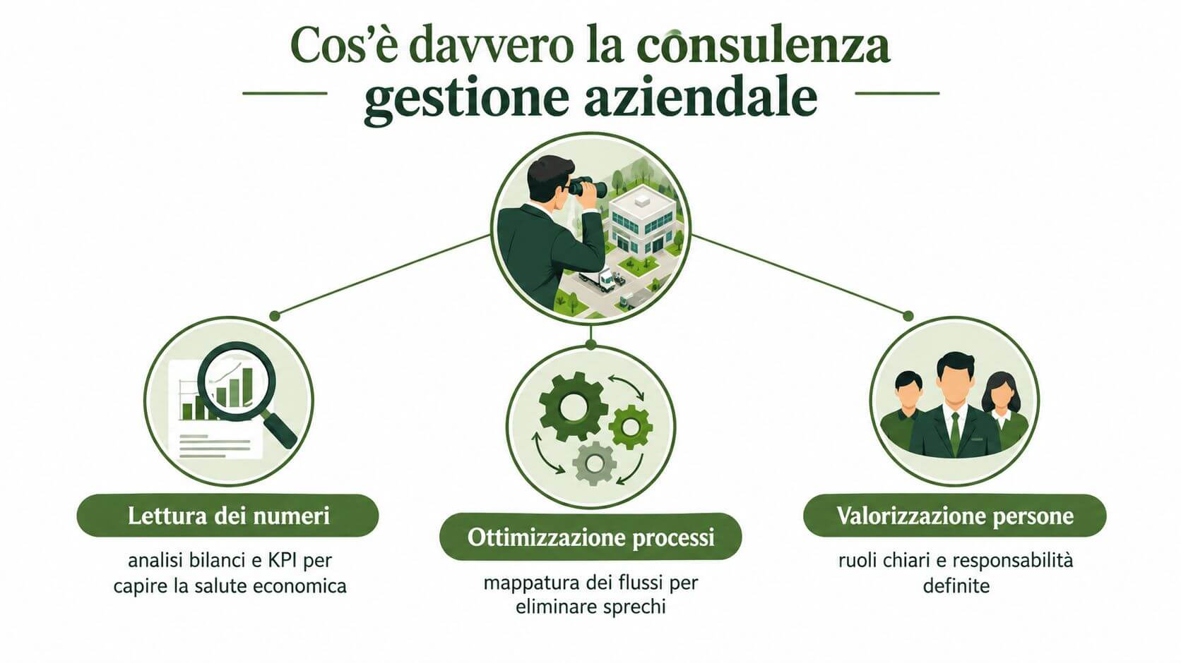 Infografica sulla consulenza gestione aziendale che analizza bilanci, ottimizza i processi e valorizza le risorse umane.