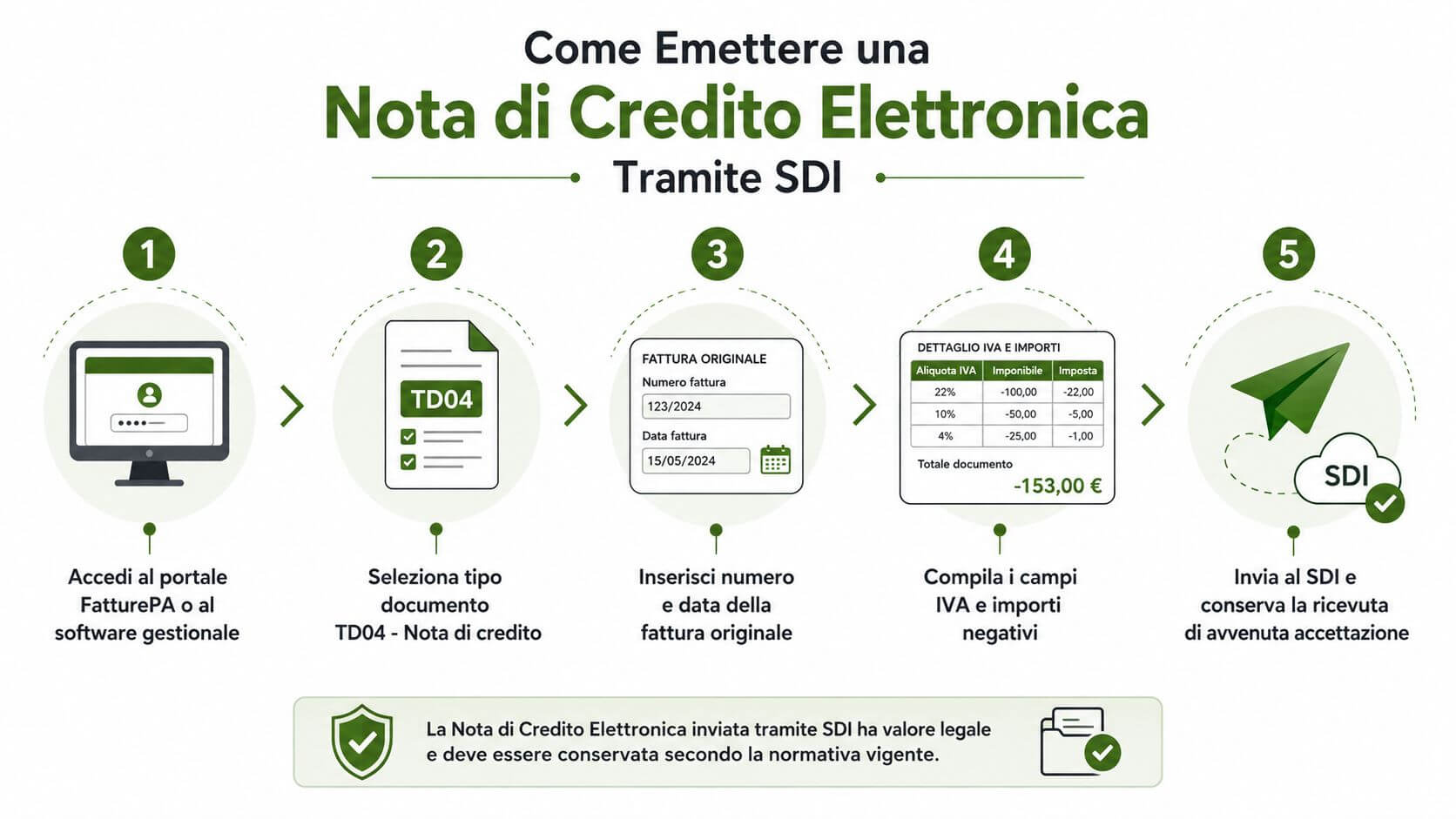 Infografica che mostra i cinque passaggi per emettere correttamente una nota di credito elettronica tramite SDI.