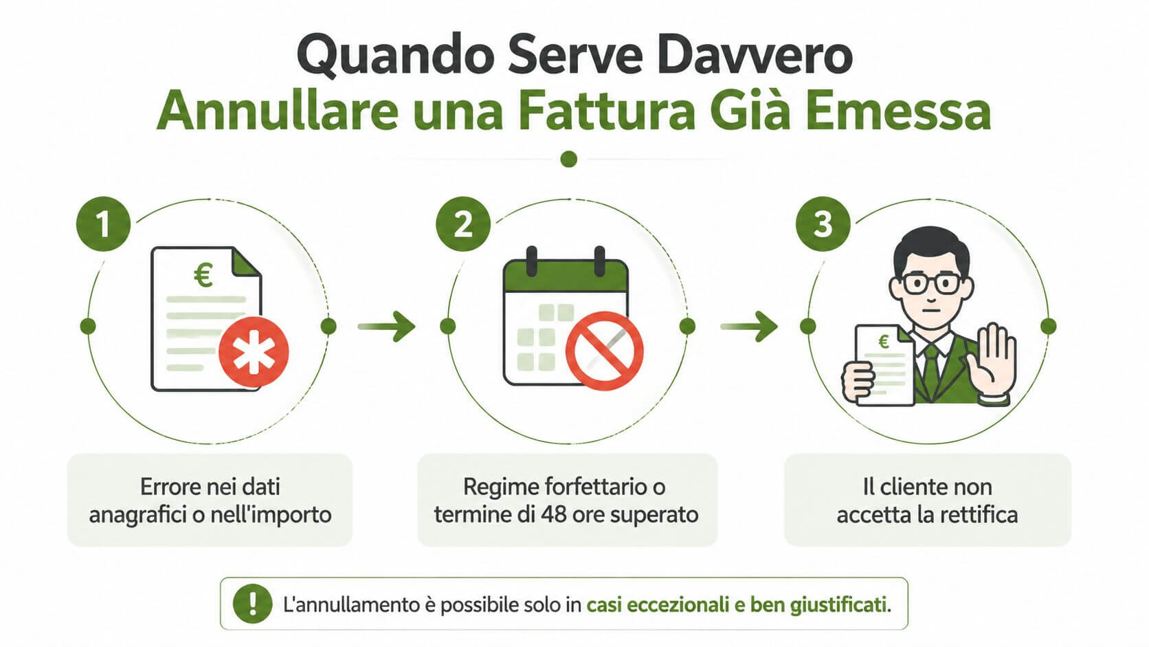Infografica che spiega i tre casi principali in cui è necessario annullare una fattura già emessa correttamente.
