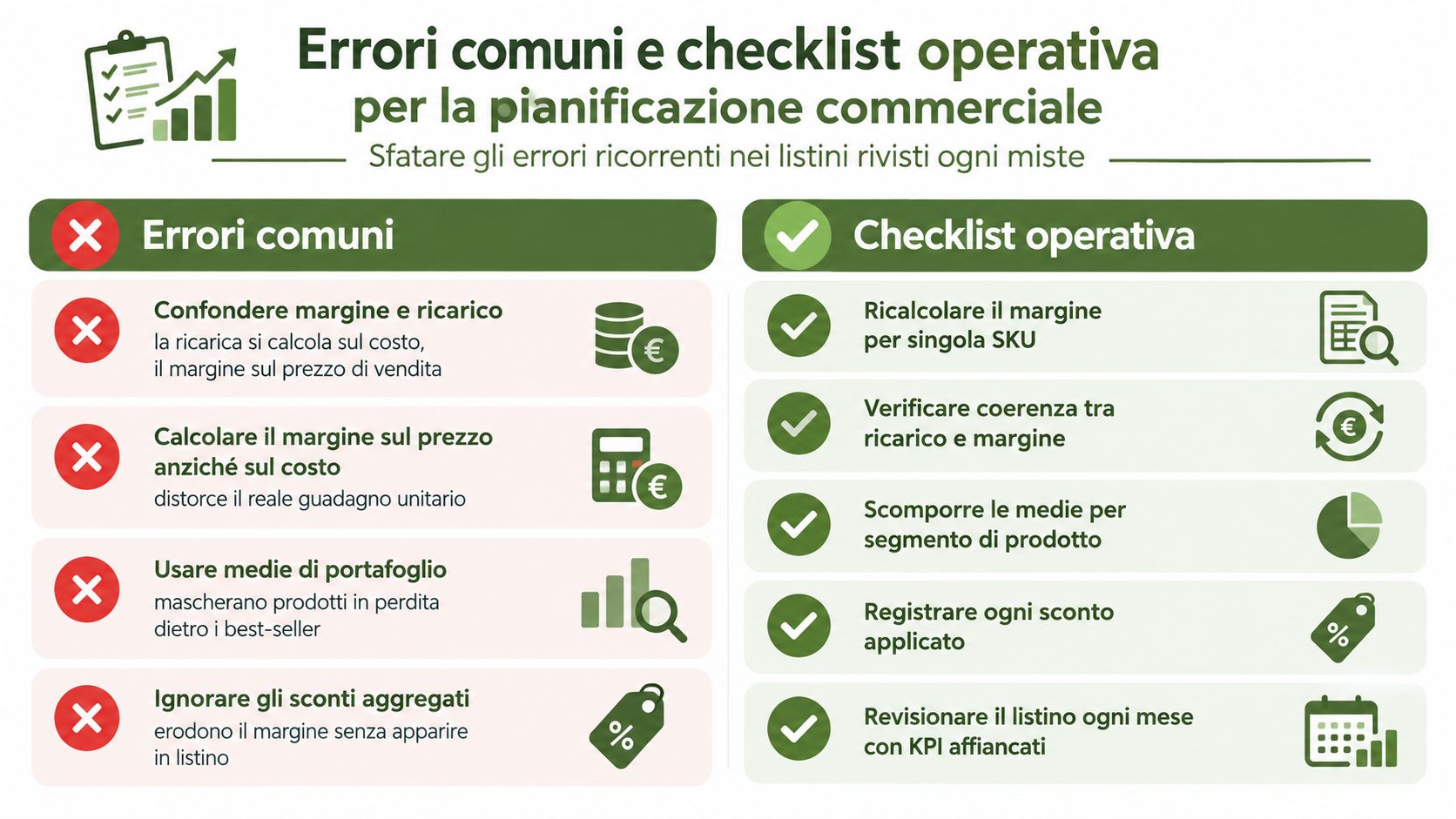 Infografica che illustra errori comuni e checklist operativa per una corretta pianificazione commerciale e dei margini.