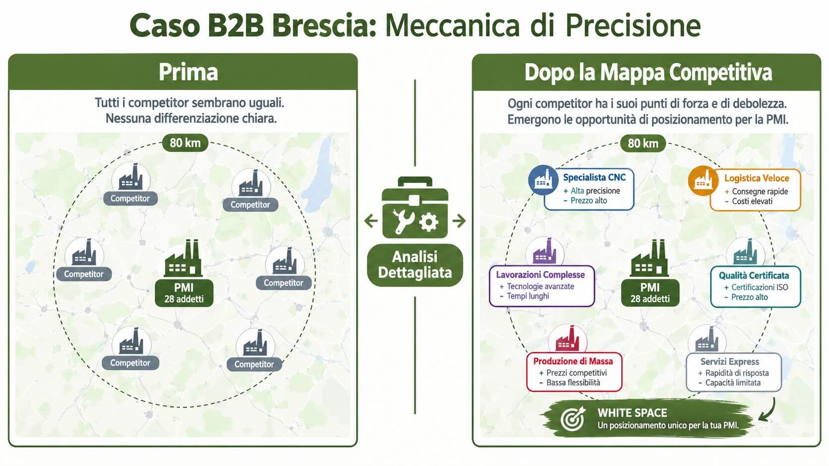Analisi della concorrenza per una PMI di meccanica di precisione nel bresciano prima e dopo la mappatura.