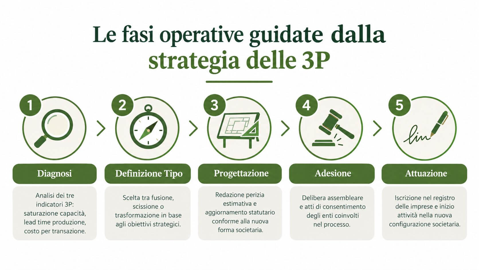 Schema grafico a cinque passaggi che illustra le fasi operative guidate dalla strategia delle 3P societarie.