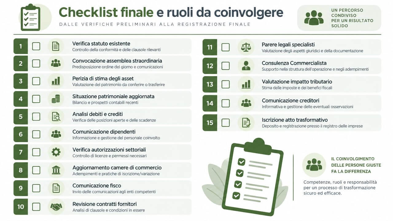 Una checklist infografica numerata che elenca i passaggi fondamentali e i ruoli per la trasformazione di una società.