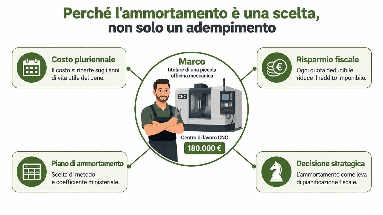Grafica che illustra i vantaggi strategici dell'ammortamento dei beni strumentali per le piccole imprese italiane.