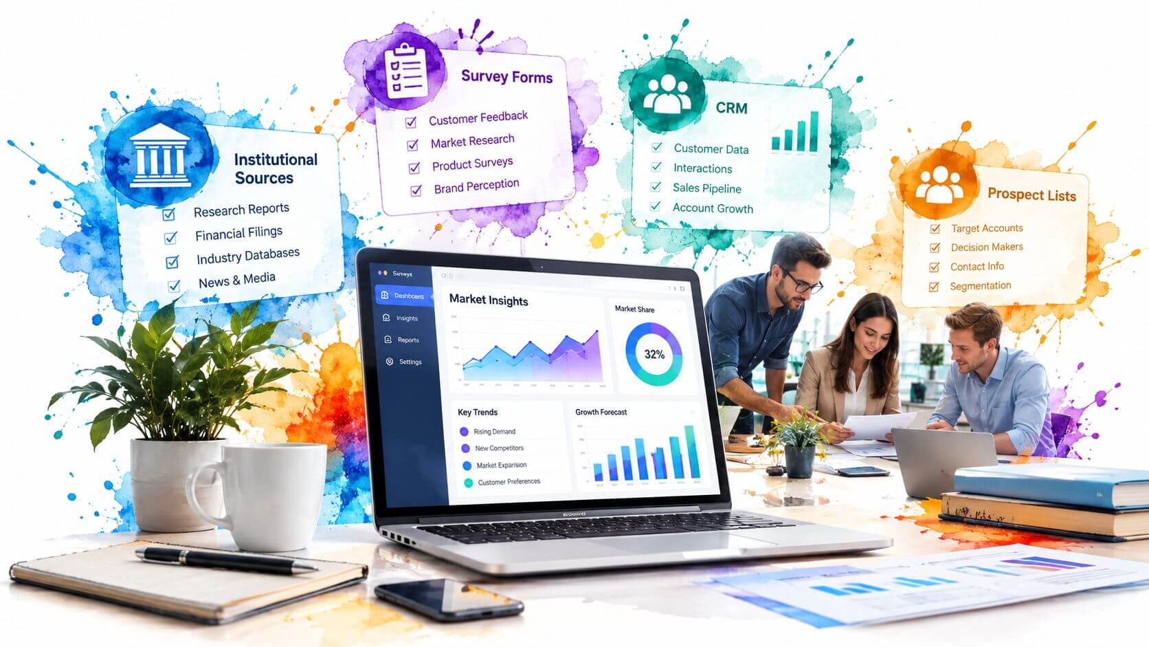 Un ufficio con un computer che mostra grafici di analisi di mercato e fonti di dati aziendali.