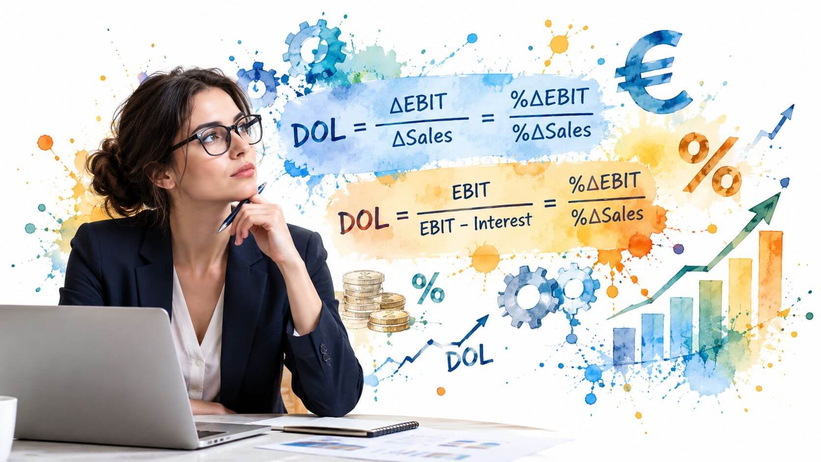 Una donna d'affari riflette sulla formula della leva operativa guardando grafici finanziari e illustrazioni di business.