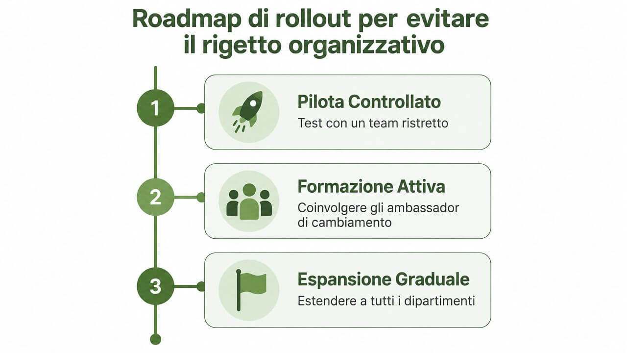 Una roadmap con tre fasi per implementare software di gestione progetti evitando il rigetto organizzativo aziendale.